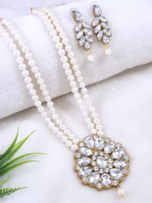 Two Layer White Pearl String Kundan Stone Long Necklace Earring Jewellery Set