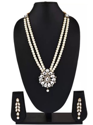 Two Layer White Pearl String Kundan Stone Long Necklace Earring Jewellery Set