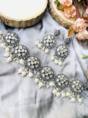 Six Rounds White Oxidized Choker Necklace Earring Jewellery Set