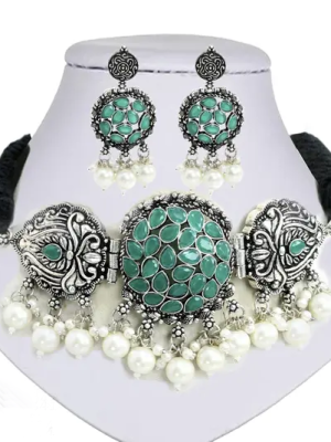 Green - Meenakshi Oxidised Choker Necklace Earring Jewellery Set