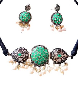 Green - Meenakshi Oxidised Choker Necklace Earring Jewellery Set