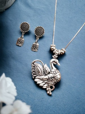 Bird Design Pendant Necklace with Jhumka Set Earring Silver Plated Oxidized Jewellery