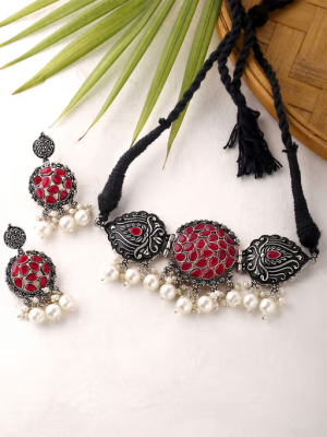 Red - Meenakshi Oxidised Choker Necklace Earring Jewellery Set