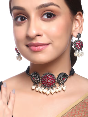 Red - Meenakshi Oxidised Choker Necklace Earring Jewellery Set