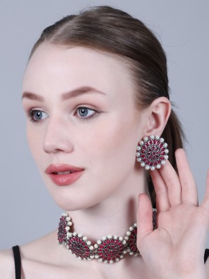 Maroon Round With White Moti Oxidised Choker Necklace Earring Jewellery Set