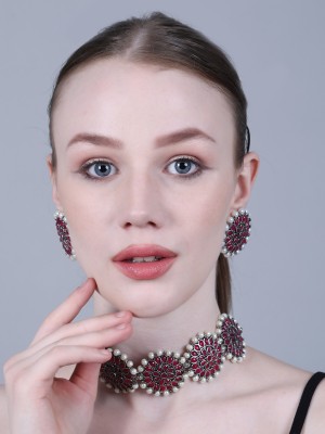 Maroon Round With White Moti Oxidised Choker Necklace Earring Jewellery Set