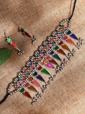 Multicolor Afghani Banjara Choker Oxidised Necklace Earring Tribal Jewelry Set