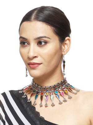 Multicolor Afghani Banjara Choker Oxidised Necklace Earring Tribal Jewelry Set