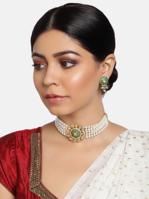 Green Choker Kundan Pearl Moti Necklace Earrings Jewellery Set