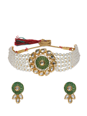 Green Choker Kundan Pearl Moti Necklace Earrings Jewellery Set