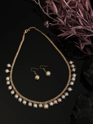 Off White Elegant Pearl Sleek Choker Necklace Earrings Jewellery Set