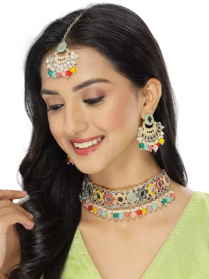 Multi Color Alloy Elegant Choker Necklace Earrings Mangtikka Jewellery Combo Set