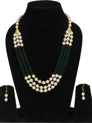 Green Three Line Necklace Set Pearl Necklace Earrings Jewellery Set