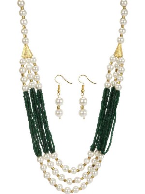 Green Three Line Necklace Set Pearl Necklace Earrings Jewellery Set