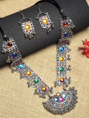 Afghani Oxidized Silver Antique Tribal Gypsy Style Long Women Fashion Necklace Earring Jewelry Set