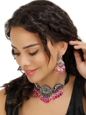 Pink Ethnic Peacock Oxidized Silver Gypsy Necklace Earring Jewelry Set