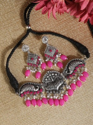 Pink Ethnic Peacock Oxidized Silver Gypsy Necklace Earring Jewelry Set