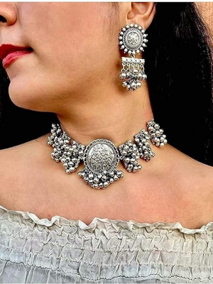 Oxidised Silver Brass Afghani Choker Necklace Earring Jewellery Set For Unisex