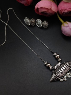 Gypsy Style Vintage Design Rajasthani Pendent Silver Oxidized Necklace Chain Set with Jhumki