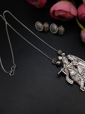 Hindu God Radha Krishna Oxidized Pendent Necklace Chain Set with Jhumki