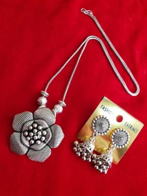 Oxidized Flower Design Pendent Necklace Chain Set with Jhumki Garba Jewellery