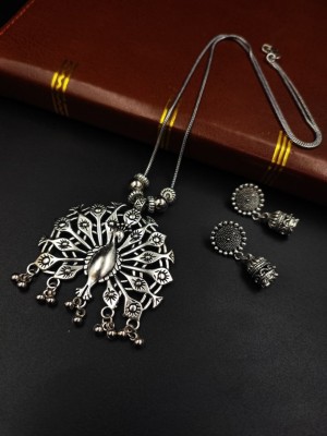 Oxidized Peacock Design Pendent Necklace Chain Set with Jhumki for Women