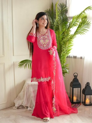 Indian Pakistani Readymade Red Floral Embroidered Salwar Kameez Set Designer Palazzo Sharara Suit Top