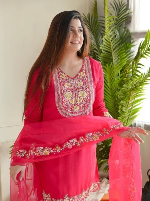 Indian Pakistani Readymade Red Floral Embroidered Salwar Kameez Set Designer Palazzo Sharara Suit Top