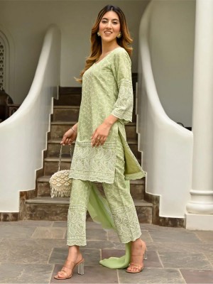 Green Indian Pakistani Women Chikankari Embroidery Kurti Set with Dupatta Salwar Kurta Pant Dress Suit New Set