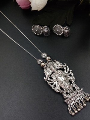 Indian Hindu Lord Ganesha Pendent Silver Oxidized Necklace Chain Set with Jhumki