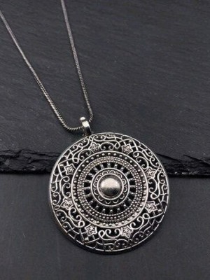 Silver Oxidized Round Pendent Necklace Chain Set with Jhumki