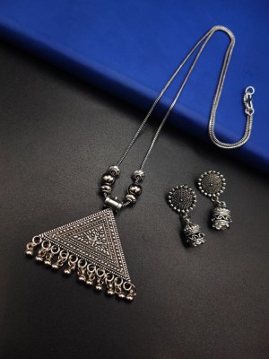 Unique Triangle Locket Silver Oxidized Necklace Pendant Chain Set with Jhumka