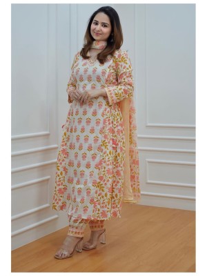 Floral White Yellow Cotton Elegant Block Print Kurti with Afghani Pant Dupatta Salwar Kameez Suit Set with side waist tassels and motifs