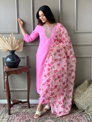 Pink Katha Embroidered Traditional Cotton Kurti Pant with Floral Silk Dupatta Ethnic Salwar Kameez Suit Set