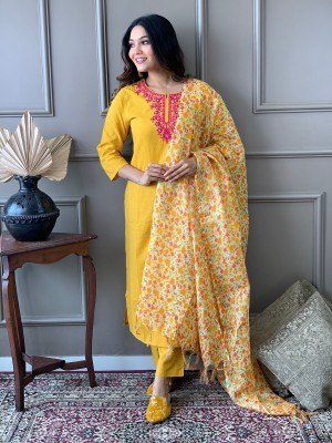 Yellow Katha Embroidered Traditional Cotton Kurti Pant with Floral Silk Dupatta Ethnic Salwar Kameez Suit Set