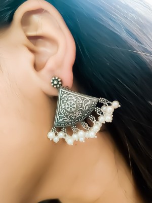 Trendy Triangular Brass Earring Designer Oxidized Pearl Beads Drop Fashion Jewelry Earrings