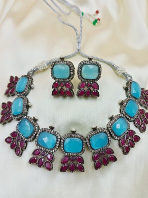 Turquoise Blue AD Stone Choker Necklace Earring Set Adjustable High Neck American Diamond Monalisa Stone Necklaces 