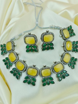 Yellow AD Stone Choker Necklace Earring Set Adjustable High Neck American Diamond Monalisa Stone Necklaces 