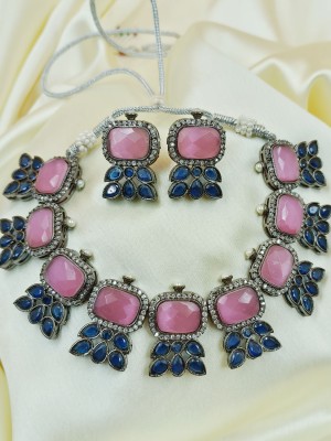 Pastel Pink AD Stone Choker Necklace Earring Set Adjustable High Neck American Diamond Monalisa Stone Necklaces 