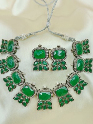 Green AD Stone Choker Necklace Earring Set Adjustable High Neck American Diamond Monalisa Stone Necklaces 