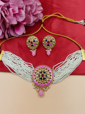 Pink Round Indian Kundan Cheed Beads Golden Choker Necklace Earrings Set