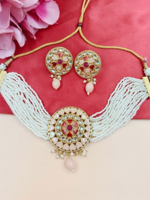 Peach Round Indian Kundan Cheed Beads Golden Choker Necklace Earrings Set