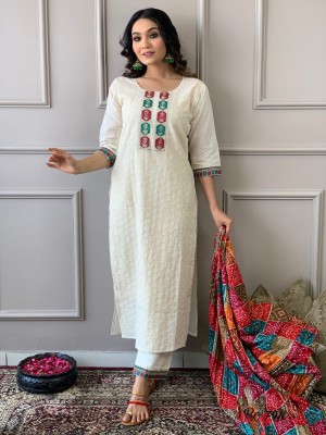 Mitali White Cotton Pakistani Schiffli Chikankari Kurta set Kurti Pant Dupatta Ethnic Salwar Kameez Suit