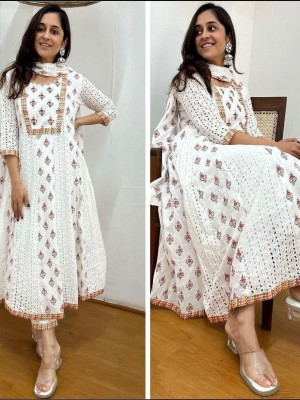 Deepali White Cotton Pakistani Schiffli Anarkali Chikankari Kurta set Kurti Pant Dupatta Ethnic Salwar Kameez Suit