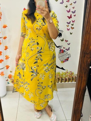 Yellow Floral Indian Readymade Aline Salwar Kameez Kurti Pant Co-Ord Set for Women