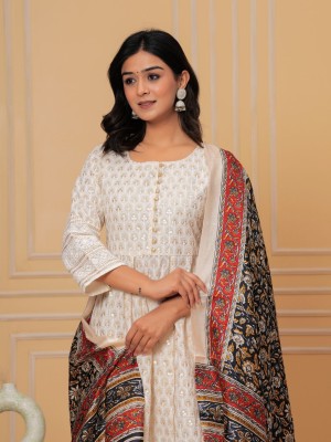 Ivory Off White Cotton Pakistani Sequin Anarkali Chikankari Kurti Pant Dupatta Salwar Kameez Suit