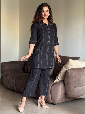 Black Minimalistic Indian Readymade Cotton Co-Ord Set Kurti Pant for Women