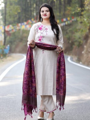 Beige South Cotton Embroidered Kurti Pant Dupatta Salwar Kameez Suit