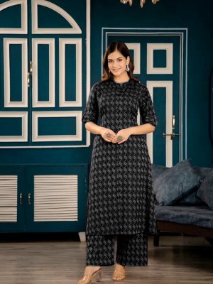 Black Katha Cotton Indian Pakistani Co-Ord Set Readymade Aline Salwar Kameez Kurti with Ankle Length Palazzo Pant