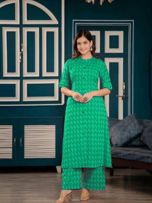 Green Katha Cotton Indian Pakistani Co-Ord Set Readymade Aline Salwar Kameez Kurti with Ankle Length Palazzo Pant